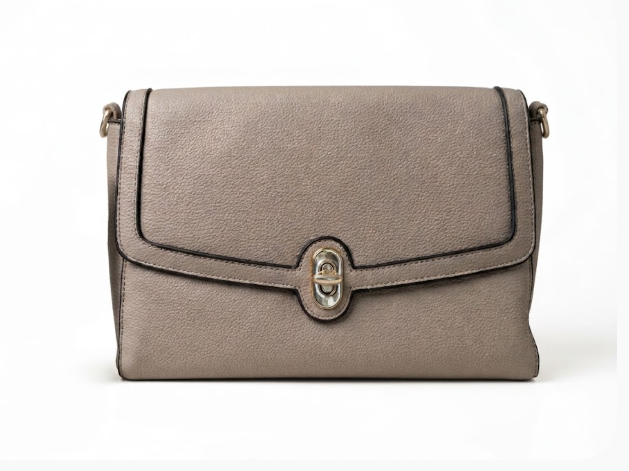 Classic Taupe Shoulder Bag with Oval Twist-Lock & Gold