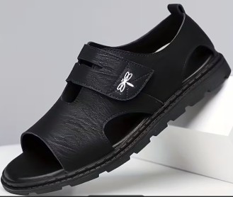 Men's Durable Open Toe Sandals With Hook And Loop Fastener For Spring And Summer - Black