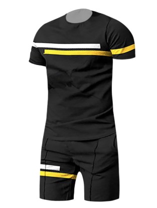 Men's Summer Stripe Fashion 2-piece Set - Comfortable Cotton Blend T-Shirt & Drawstring Shorts for Stylish Outdoor Adventures -  Yellow/ Black