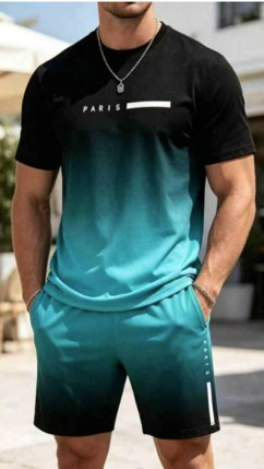 Men's Outfit, Gradient Color Paris Graphic Print Casual Crew Neck Short Sleeve T-Shirt (L)