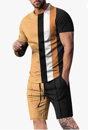 Men's Outfit, Color Block Striped Casual Crew Neck Short Sleeve T-Shirt & Shorts 2-piece Set For Summer Outdoor Activities - Black and Mustard