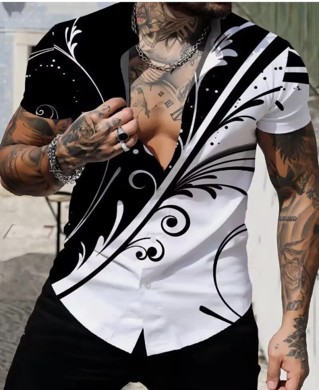 Summer Fashion Short Sleeve Button-Down Shirt - Casual Button-Down Shirts for Men (L)