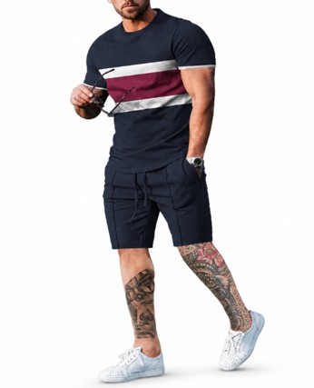 Men's Summer Stripe Fashion 2-piece Set - Comfortable Cotton Blend T-Shirt & Drawstring Shorts for Stylish Outdoor Adventures - Color Navy Blue/ Black