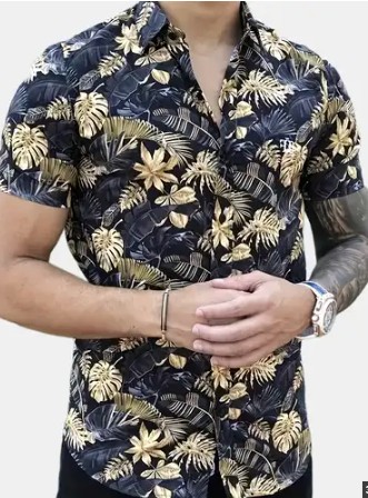 Men's Tropical Floral Pattern Print Lapel Shirt With Short Sleeve And Button Down Plack (M)