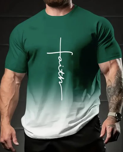 "Faith" Print Gradient T-shirt For Men, Crew Neck Tee, Casual Short Sleeve Top, Men's Clothing For Summer Daily Wear - Color Green/ White (M)