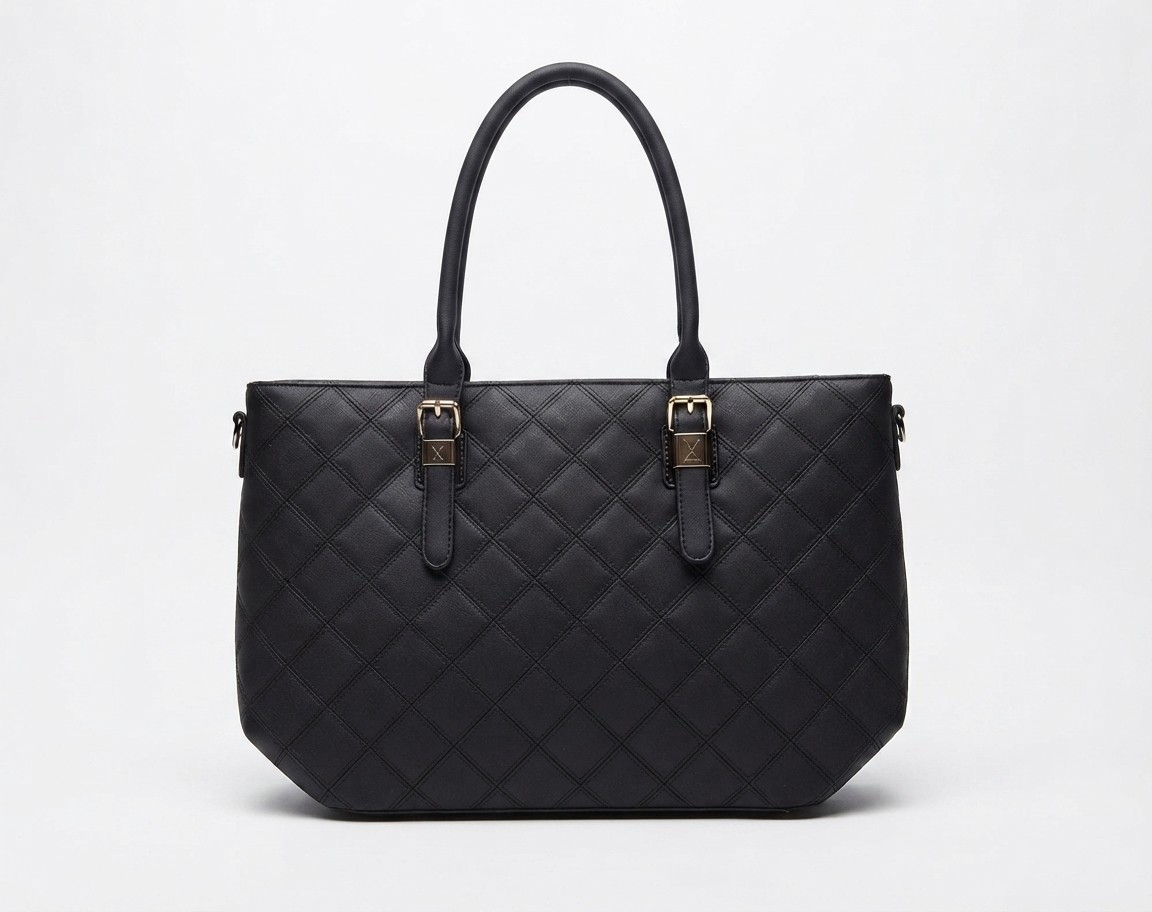 Classic Quilted Black Tote Bag with Gold-Tone Buckle Accents