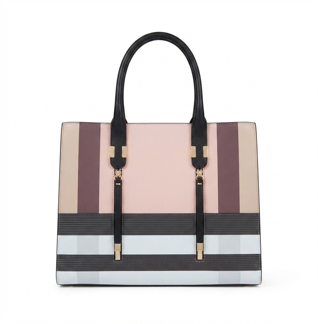Color-Blocked Structured Tote with Front Zip Tassels