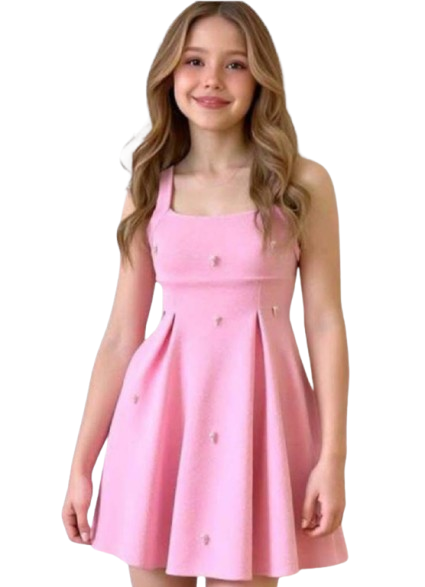 Elegant Pearl Beaded Ruffle Fit and Flare Dress with Wide Straps