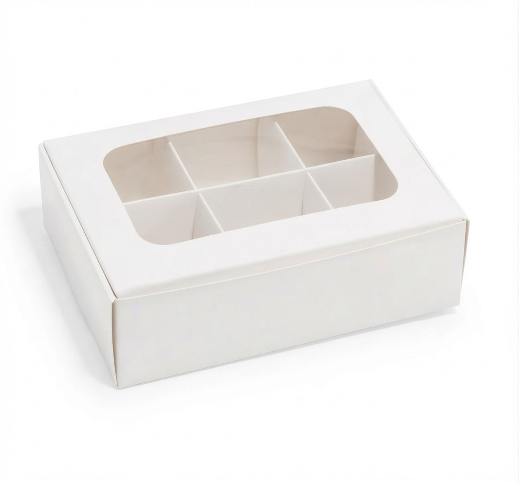 Mini Truffle Boxes - White | 6 Treats - Window and Dividers | 5 x 3.5 x 1.57 Inches