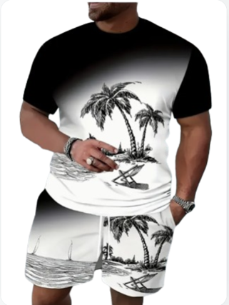 Men's Outfit, Gradient Color Coconut Trees Graphic Print Casual Crew Neck Short Sleeve (M)