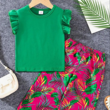Young Girl's Summer Solid Color Cap Sleeve Top And Tropical Plant Print Pants Casual Two-Piece Outfit