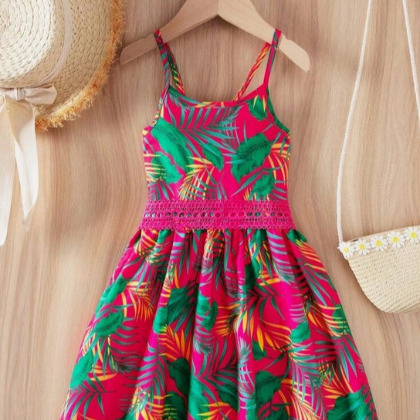 Young Girl's Tropical Print Contrast Lace Strap Dress For Vacation & Leisure