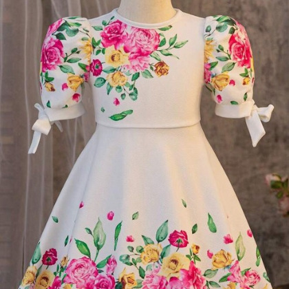 Young Girl Ditsy Floral Round Neck Fitted Casual Knitted Dress