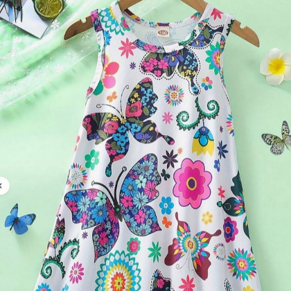 Young Girl Summer Floral Butterfly Print Casual Sleeveless Princess Dress