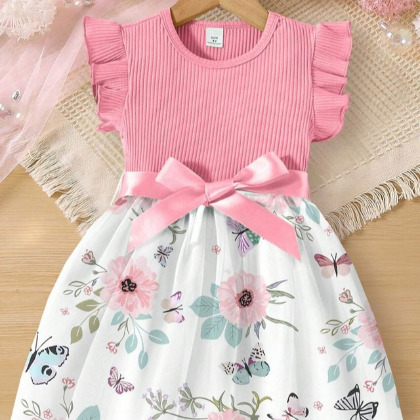 Young Girl Summer New Floral & Butterfly Print Cute Casual Loose Fit Dress With Flutter Sleeves