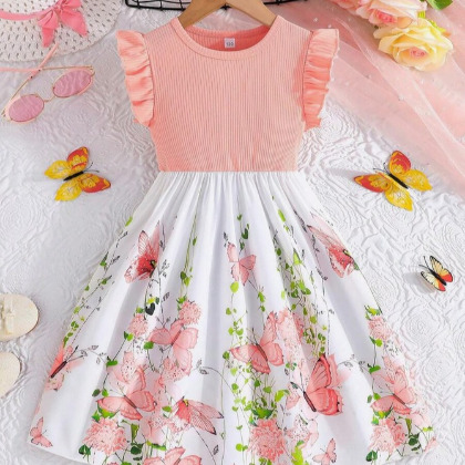Girls' Elegant Ladylike Short Cap Sleeve Ribbed Floral Print Casual Dress