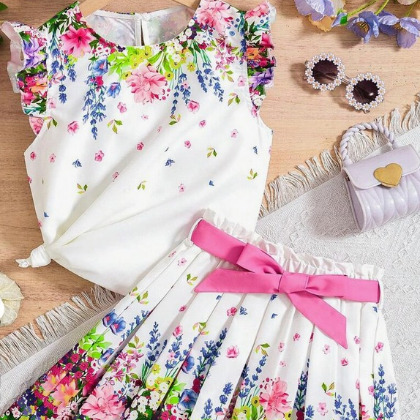Tween Girl Elegant & Floral Print Top With Belted Skirt Set