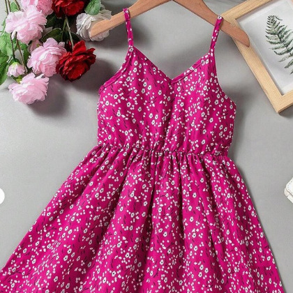 Young Girls' Ditsy Floral Slip Dress, Suitable For Party, Beach And Holiday, Summer