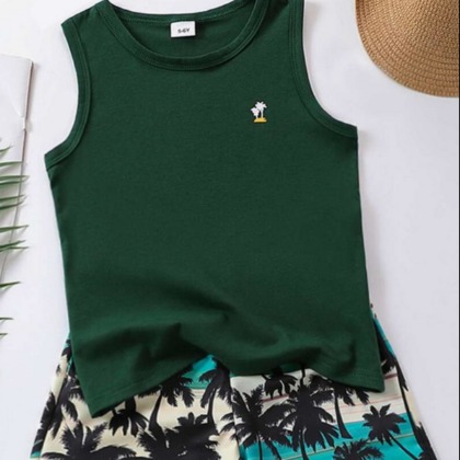 Casual Two Piece Set: Tween Boy Tree Print Sleeveless T-Shirt And Elastic Waist Hawaiian Shorts For Summer