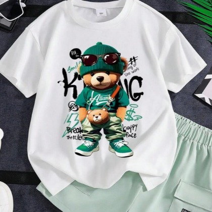 Tween Boy Bear Print Short Sleeve T-Shirt & Plain Cargo Shorts Set