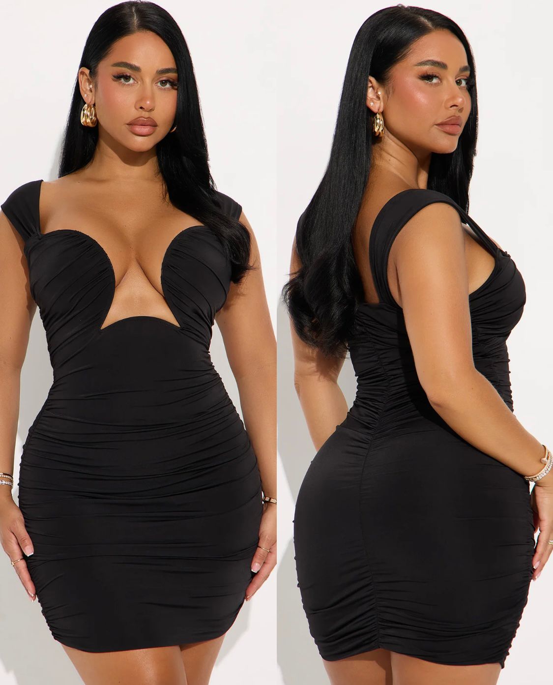 Midnight Plunge Bodycon Ruched Mini Dress