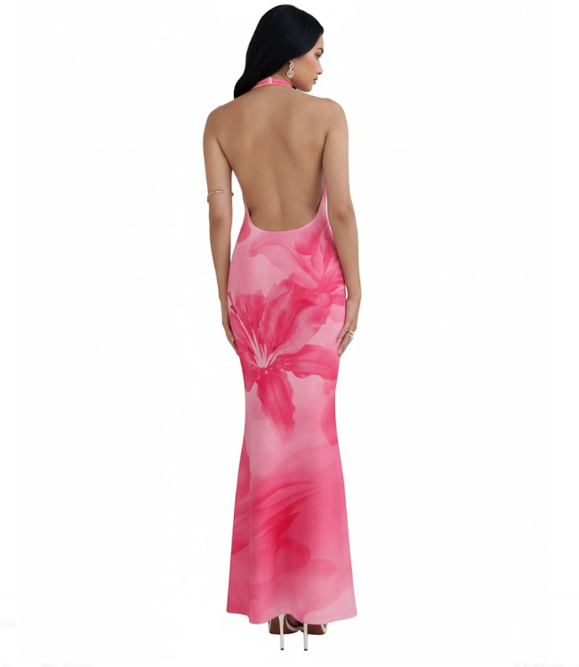 Hot Pink Floral Halter Neck Plunge Maxi Dress- Size Small