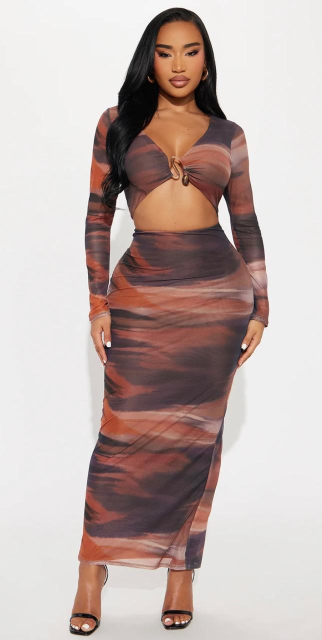 Long Sleeve Cutout Tie-Dye Maxi Skirt Set