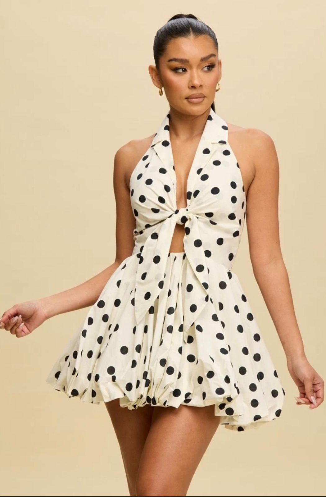 Polka Dot Halter Mini Dress with Tie-Front Cutout