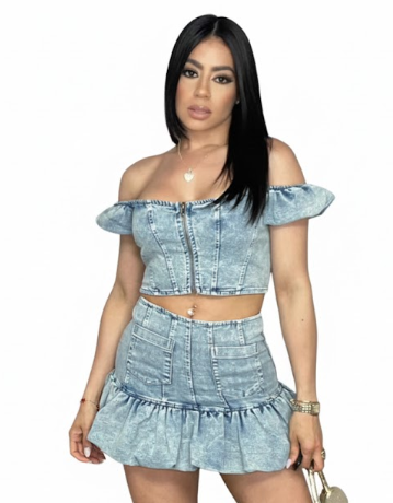 Light Wash Denim Corset Crop Top & Ruffle Mini Skirt Set