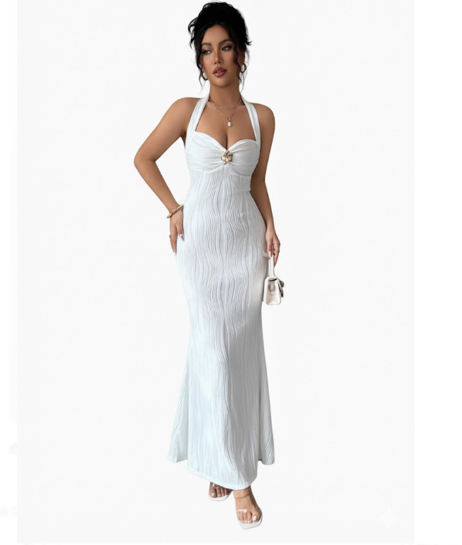 Elegant White Halterneck Mermaid Maxi Dress- Small