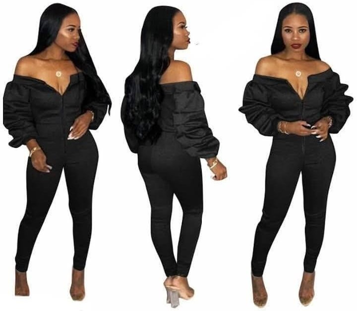 Chic Black Off-Shoulder Puff Sleeve Jumpsuit- Medium