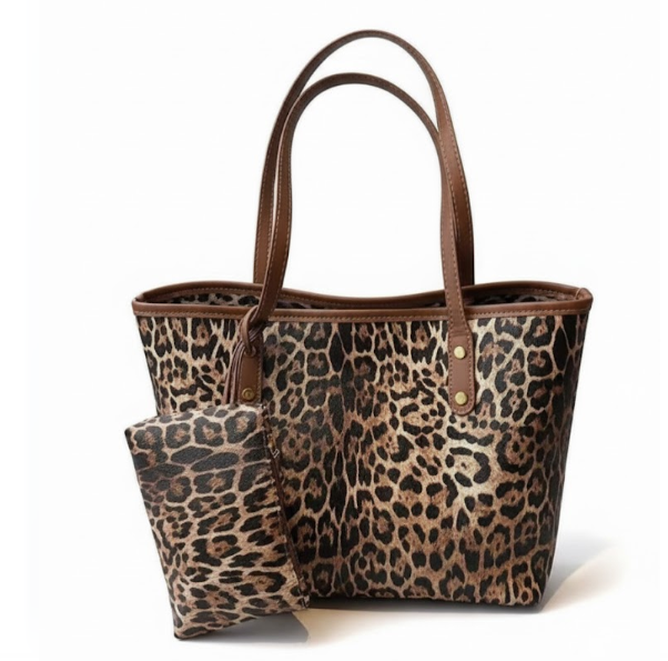 Chic Leopard Print Tote Bag Set with Inner Pouch