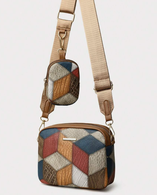 Geometric Patchwork Crossbody Bag with Coin Pouch