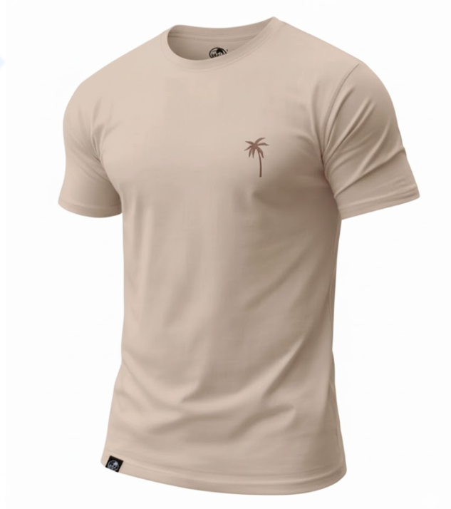 Minimalist Palm Embroidered T-Shirt - Modern Beige (Khaki) Muscle Fit- Size Medium