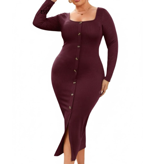 Plus Size Ribbed Knit Button-Front Midi Dress - Square Neck, Bodycon Fit