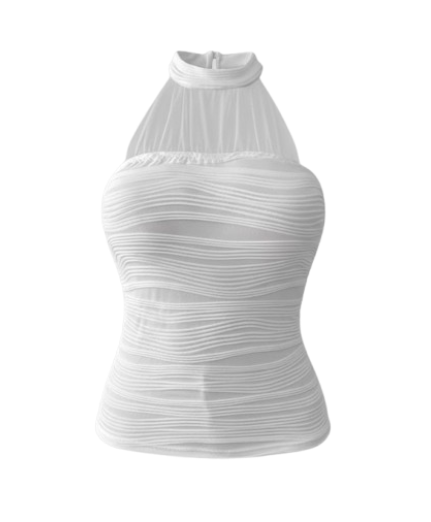Chic White Halter Neck Mesh Crop Top- Size Medium