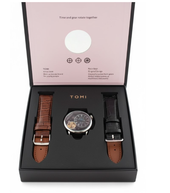 TOMI Automatic Mechanical Watch Gift Set with Interchangeable Leather Straps