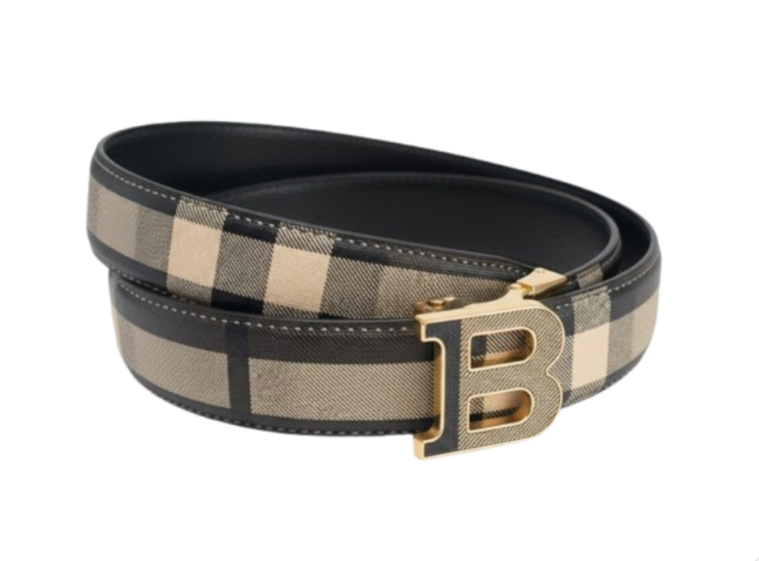 Luxury Plaid Leather Belt with Signature 'B' Gold Buckle