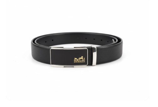 Men's Black Leather Belt with Automatic Sliding Buckle (Hermes Style)