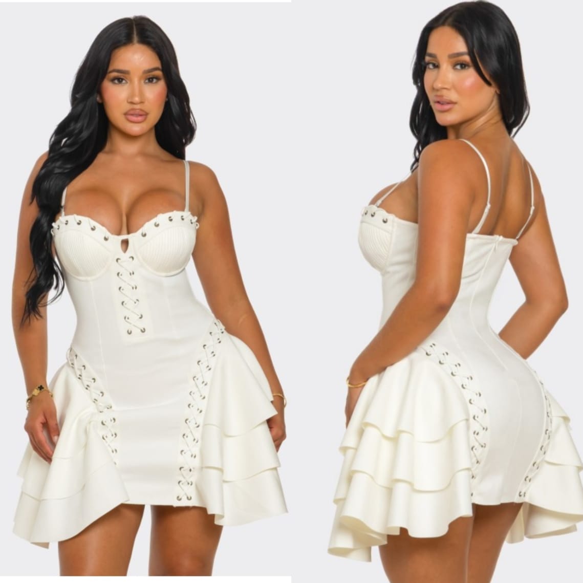 Lace-Up Corset Detail Ruffled Mini Dress in Ivory