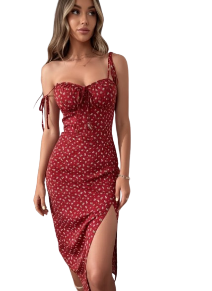 Stunning Red Floral Print Tie-Shoulder Slit Midi Dress