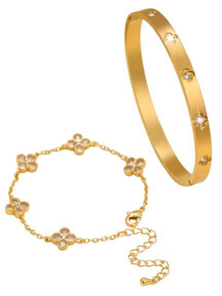 Elegant Bracelet & Bangle Set with Crystal Flower Accents
