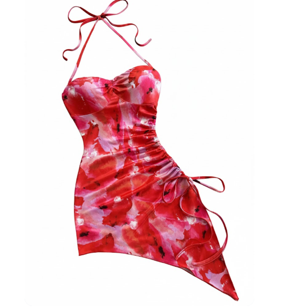 The Red Bloom" Ruched Halter Mini Dress- Size Medium