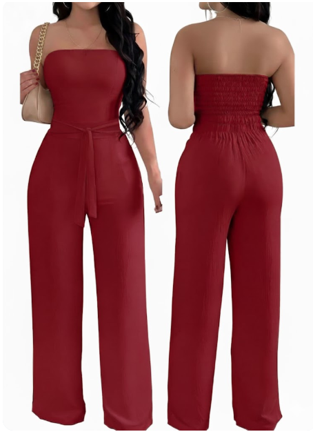 Women's Strapless Tie-Waist Wide-Leg Jumpsuit - Red (Size XS)