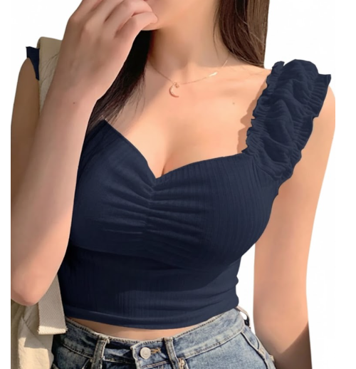 Chic Navy Ruched Sweetheart Neck Crop Top Size XS