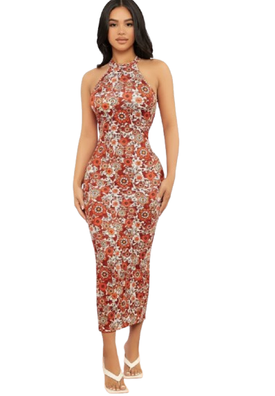 Chic Floral Halter-Neck Maxi Dress Size Medium