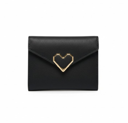 Black Faux Leather Envelope Wallet with Gold Heart Clasp