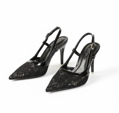 Lace Slingback Stiletto Heels - Elegant Black Pointed Toe Pump, Size 37