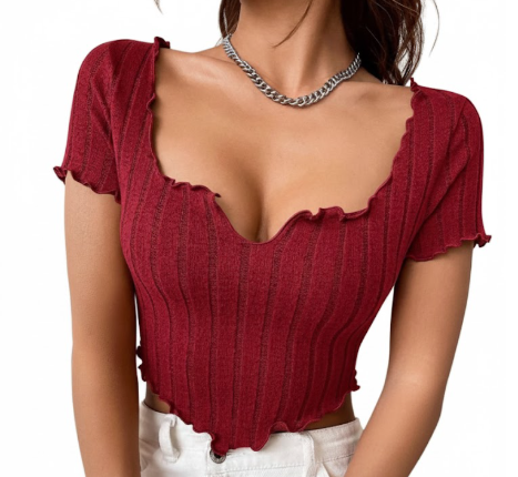 Chic Ribbed Knit Lettuce Trim V-Neck Crop Top - Ruffle Edge Short Sleeve Blouse