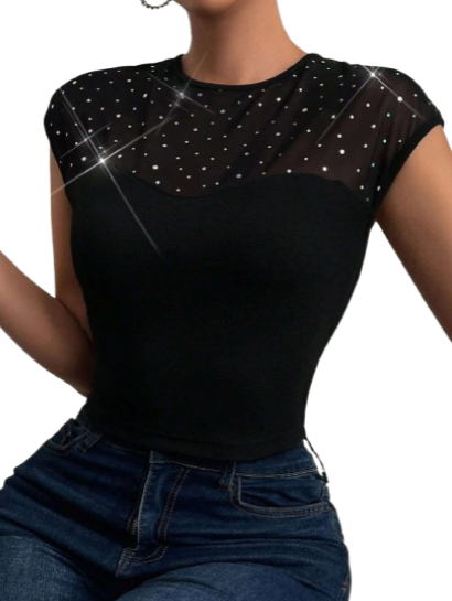 Sparkly Sheer Mesh Rhinestone Fitted Crop Top Size Large